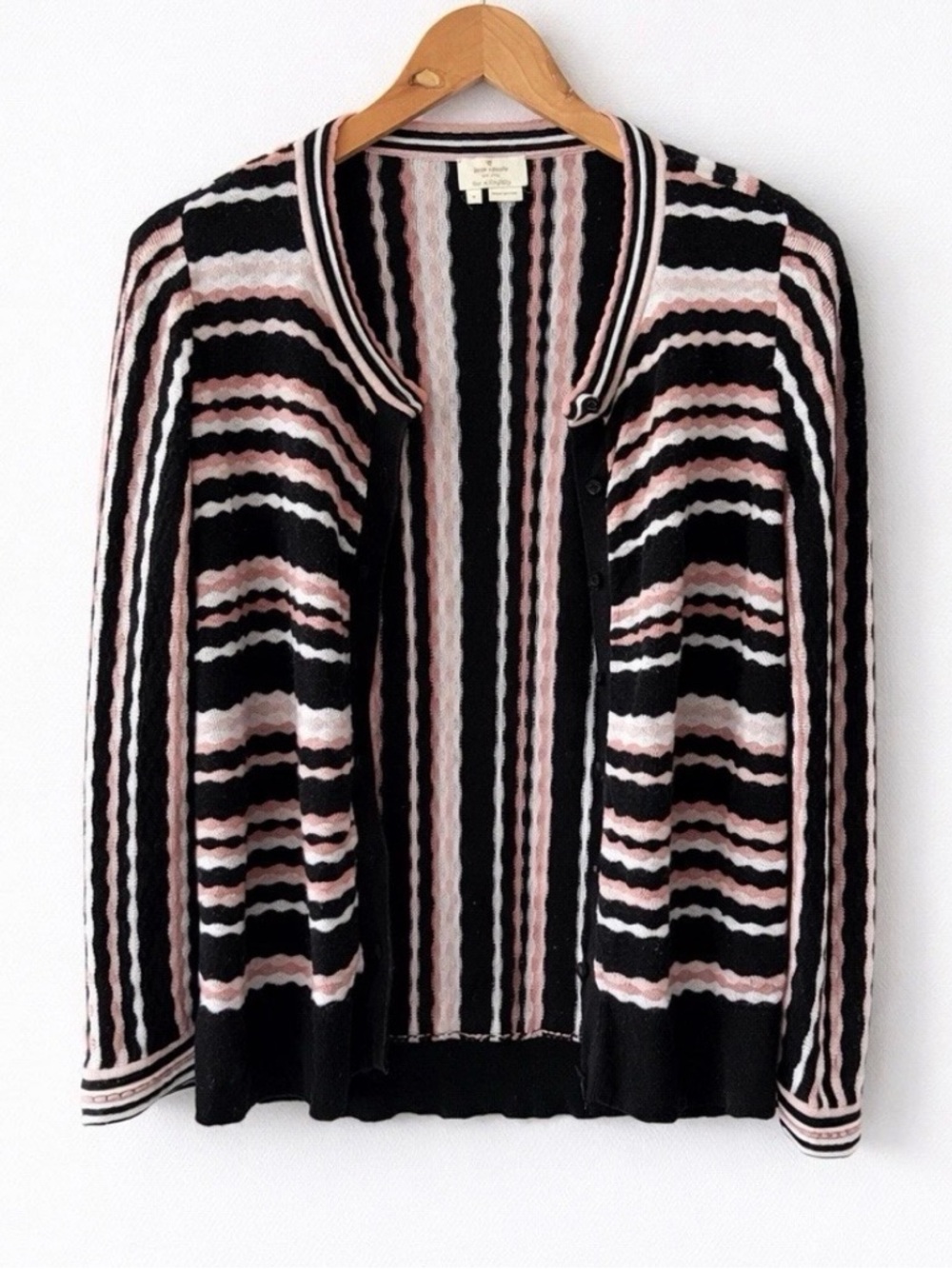 Kate Spade Striped Cardigan Sweater M Cotton Cashmere Blend Pink Black Knit